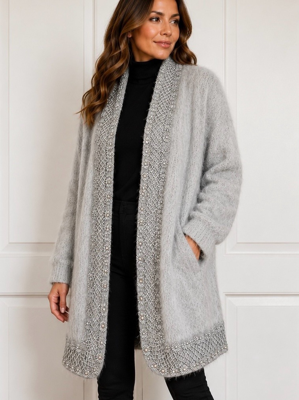 Vintage Lee Sands Angora Rabbit Hair Size OS Gray Sweater Coat Pearl Lace Trim